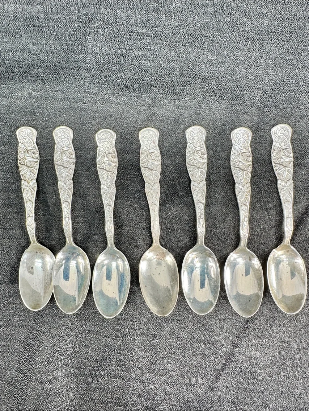 Antique Set 7 Rose by Knowles Aka Bug Pattern Floral Demitasse Spoons Sterling